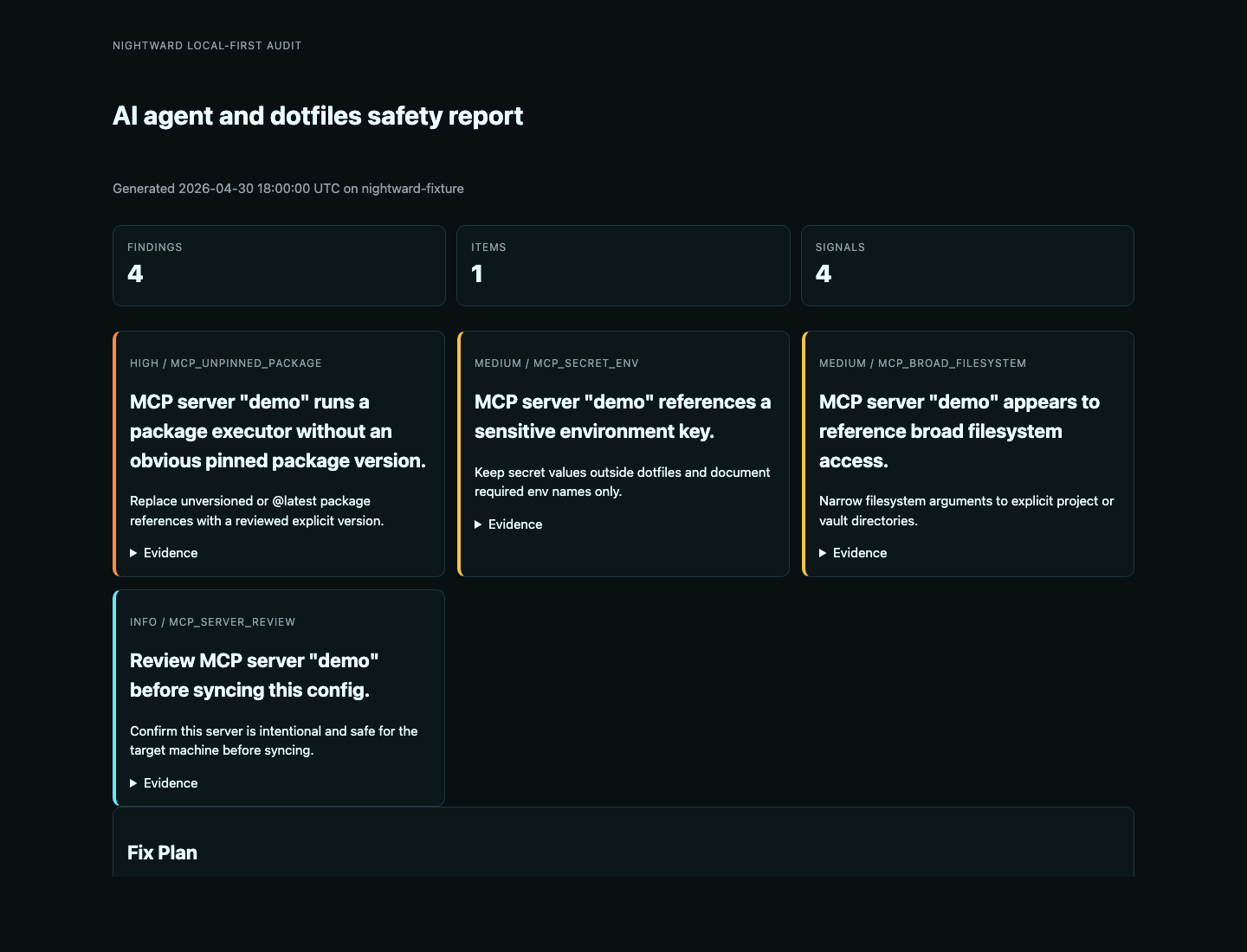 Scrubbed Nightward HTML report showing fixture MCP findings