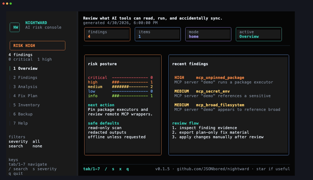 Nightward OpenTUI dashboard from scrubbed fixture output